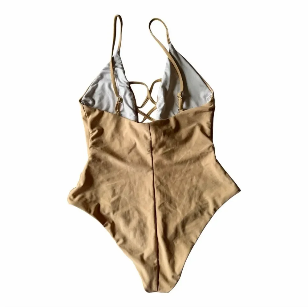 Dippin Daisy’s Bliss One Piece Swimsuit Beige Nude Size M Lace Up Minimalist